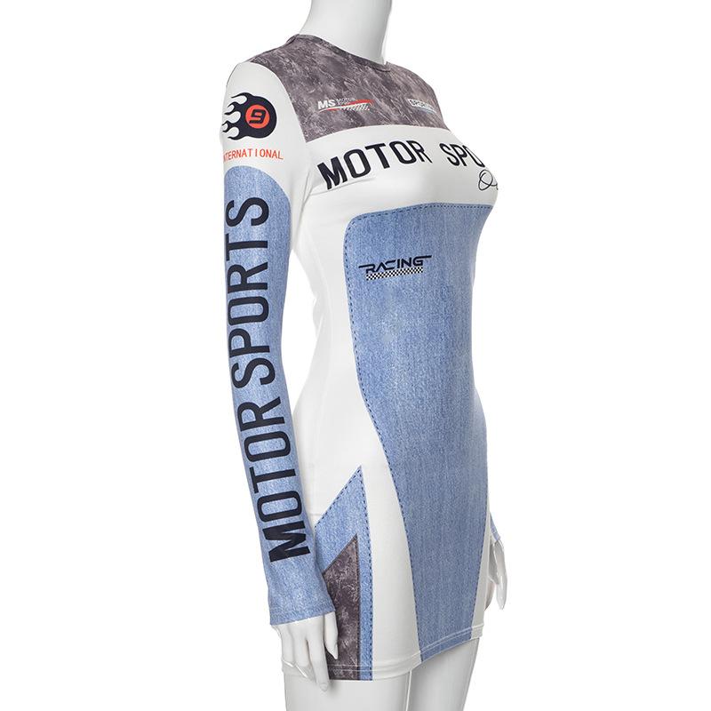 Rev Up Your Fall Style: Edgy Motorsports Denim Print Long Sleeve Bodycon Mini Dress