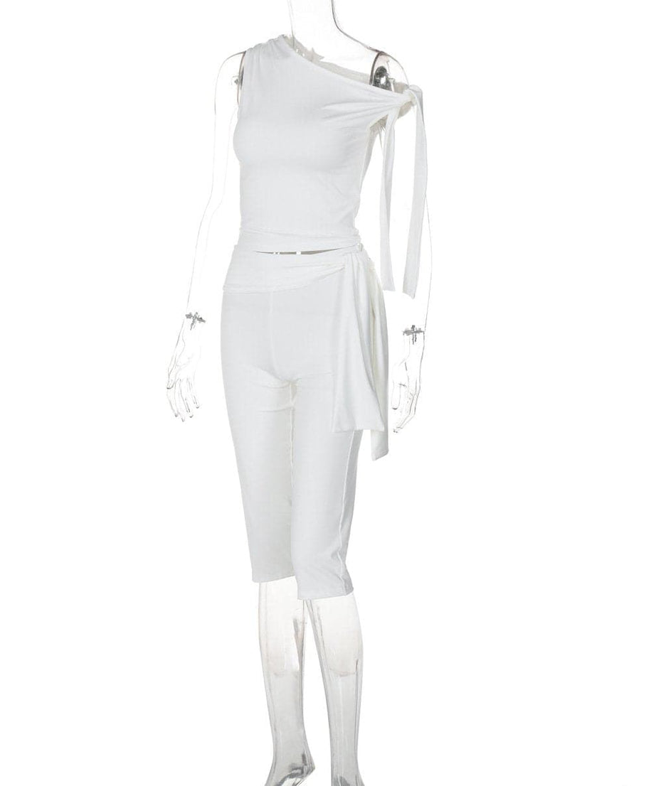 Effortless Chic White One-Shoulder Tie-Waist Pant Set | Resort & Beyond
