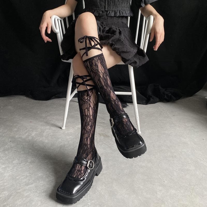 Gothic Chic Sheer Lace Thigh High Socks with Ribbon Ties - Your Fall & Halloween Style Secret
