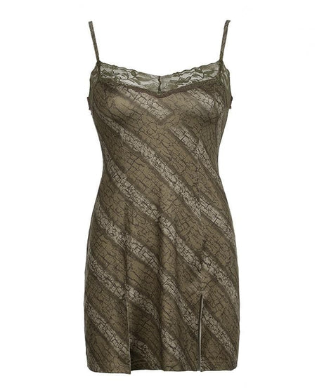 Chic Fall Vibe: Y2K Distressed Print Lace Cami Mini Dress with Side Slit