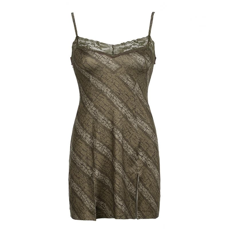 Chic Fall Vibe: Y2K Distressed Print Lace Cami Mini Dress with Side Slit