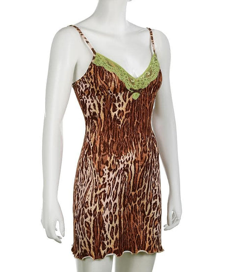 Sultry Leopard Print Cami Mini Dress | Green Lace Trim & Bow | Y2K Fall Fashion