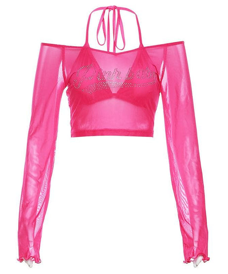 Y2K Glam "Pinkbaby" Rhinestone Mesh Halter Crop Top - Edgy Fall Party & Halloween Essential