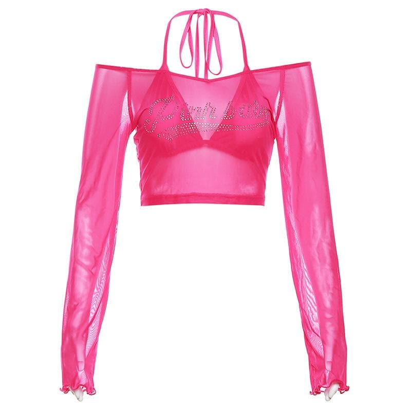 Y2K Glam "Pinkbaby" Rhinestone Mesh Halter Crop Top - Edgy Fall Party & Halloween Essential