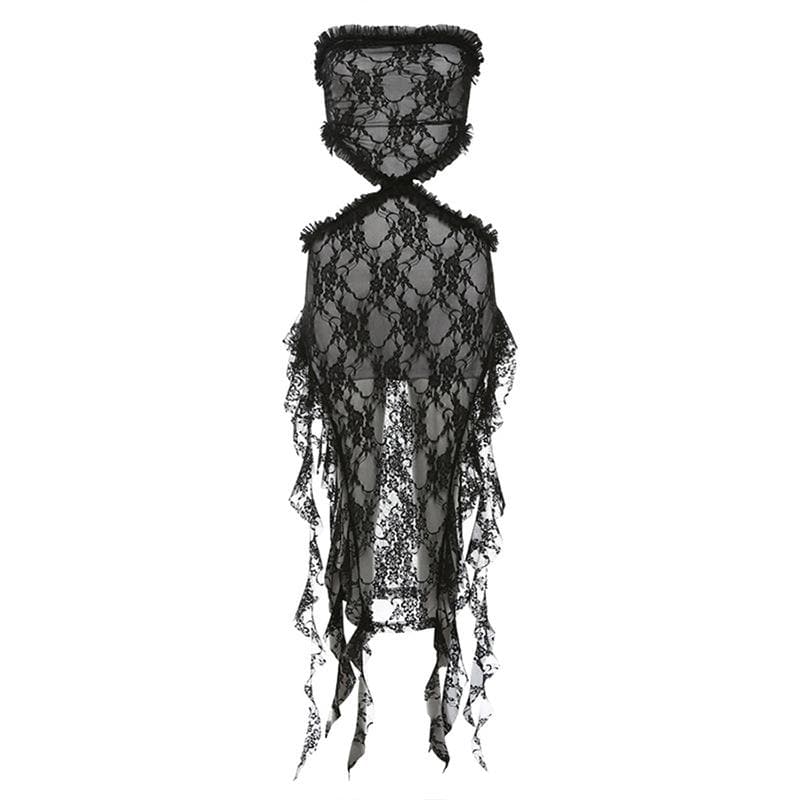 Gothic Enchantress Black Lace Cut-Out Midi Dress - Perfect for Halloween & Fall Parties