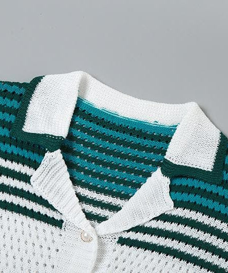 Cozy Knit Polo Top & Shorts Set - Effortless Green & White Fall Loungewear
