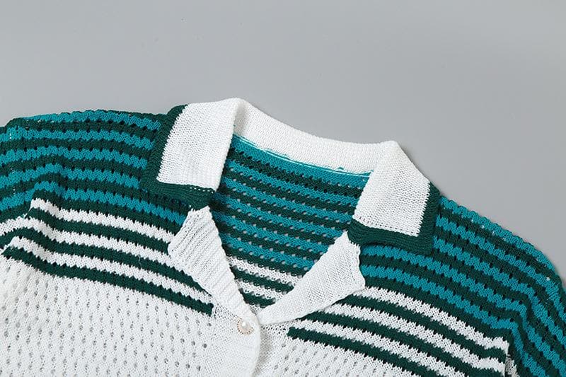 Cozy Knit Polo Top & Shorts Set - Effortless Green & White Fall Loungewear