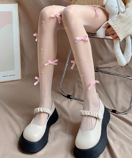 Whimsical Pearl & Pink Bow Sheer Tights | Coquette Chic for Fall & Holiday Style