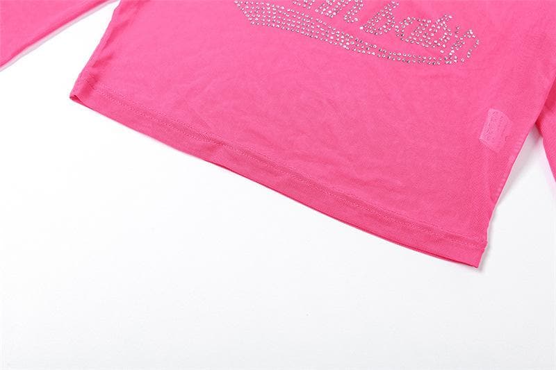 Y2K Glam "Pinkbaby" Rhinestone Mesh Halter Crop Top - Edgy Fall Party & Halloween Essential