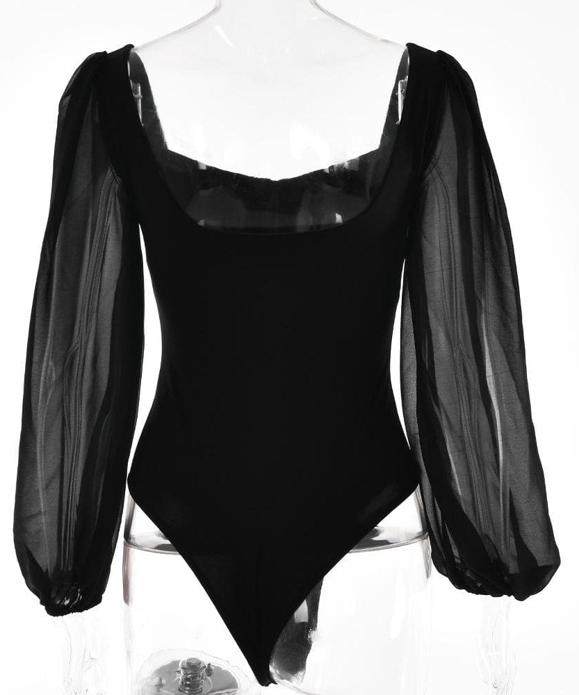 Effortless Elegance: Backless Sweetheart Bodysuit with Sheer Puff Sleeves | Fall & Holiday Chic