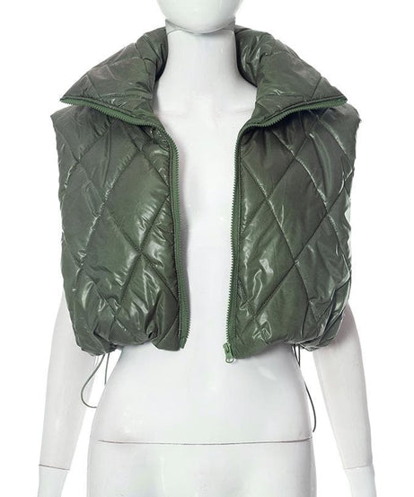 Elevated Olive Green Quilted Puffer Vest – Women's Chic High Collar Fall Layering Essential