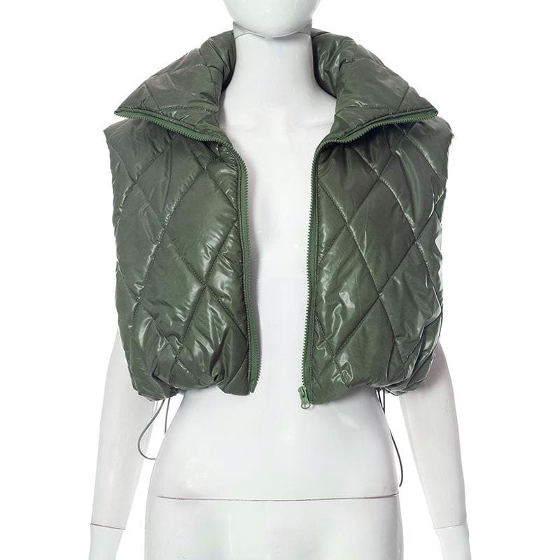 Elevated Olive Green Quilted Puffer Vest – Women's Chic High Collar Fall Layering Essential