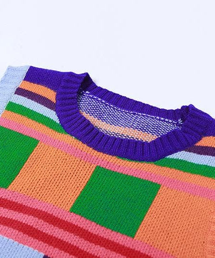Groovy Getaway Knit Set: Vibrant Checkerboard Crop Top & Striped Shorts