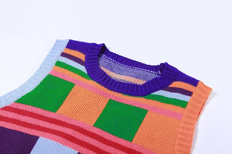 Groovy Getaway Knit Set: Vibrant Checkerboard Crop Top & Striped Shorts