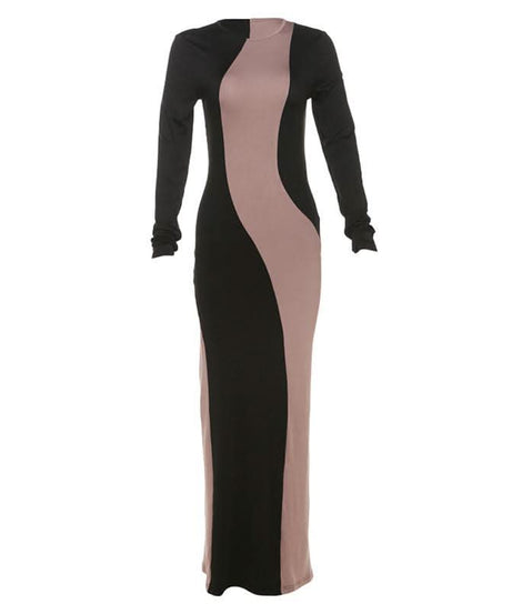 Elegant Two-Tone Wavy Maxi Dress - Figure-Flattering Long Sleeve for Fall & Holiday