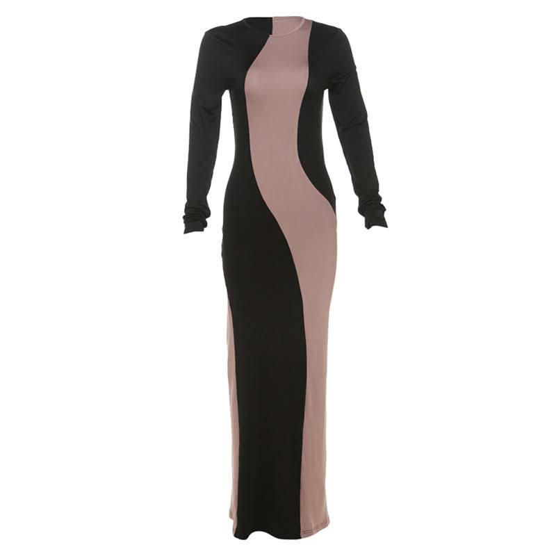 Elegant Two-Tone Wavy Maxi Dress - Figure-Flattering Long Sleeve for Fall & Holiday
