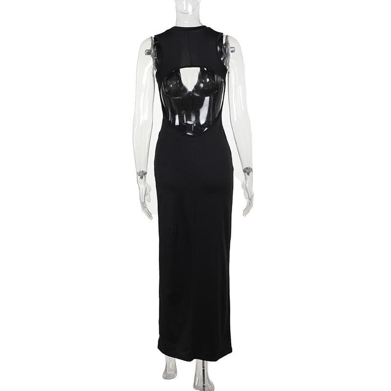 Sleek Black Bodycon Maxi Dress with V-Neck Zipper & High Slit | Backless Fall & Holiday Party Gown