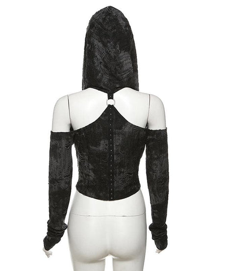 Mystique Velvet Cold Shoulder Cropped Hoodie | Edgy Studded Gothcore Top for Fall & Halloween