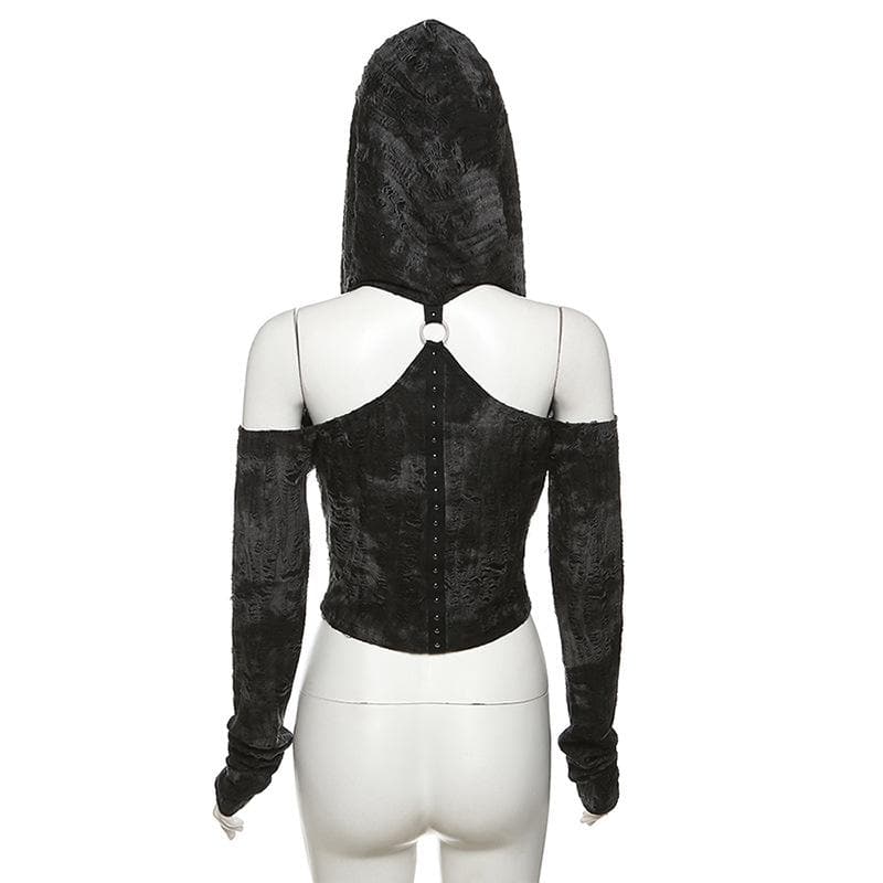 Mystique Velvet Cold Shoulder Cropped Hoodie | Edgy Studded Gothcore Top for Fall & Halloween