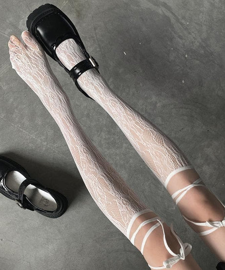 Gothic Chic Sheer Lace Thigh High Socks with Ribbon Ties - Your Fall & Halloween Style Secret
