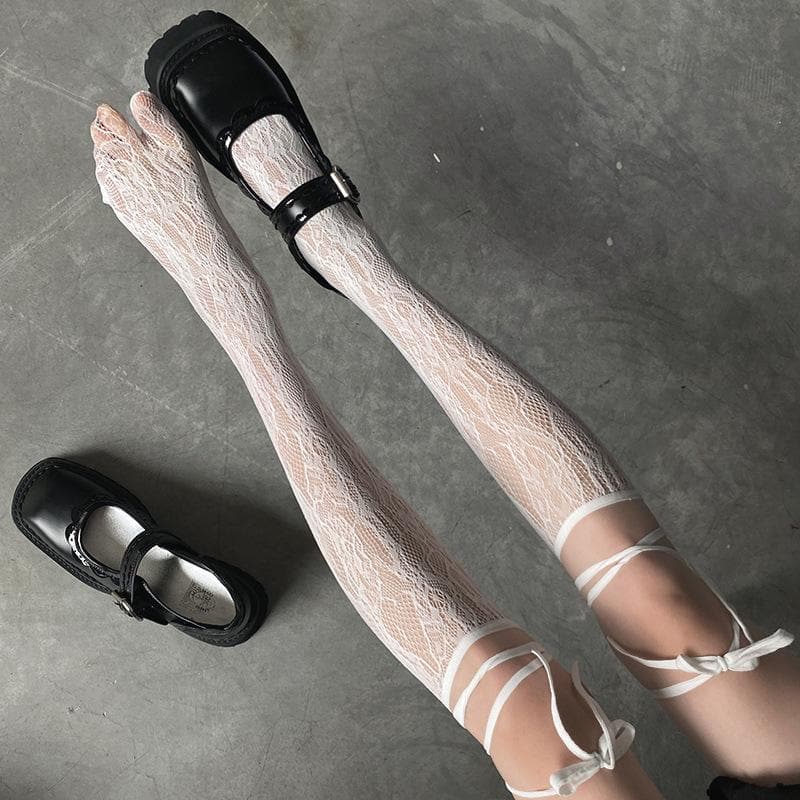 Gothic Chic Sheer Lace Thigh High Socks with Ribbon Ties - Your Fall & Halloween Style Secret