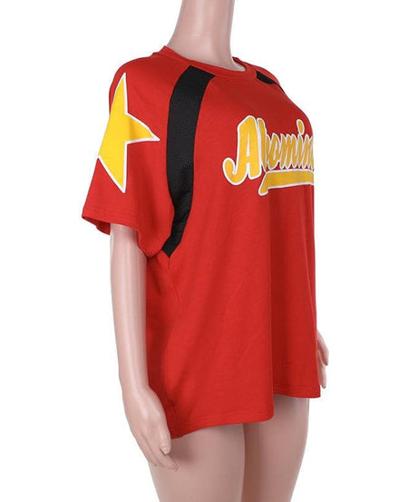 Retro Sporty Red Graphic Tee for Women | Oversized Fall Comfort with Yellow Stars