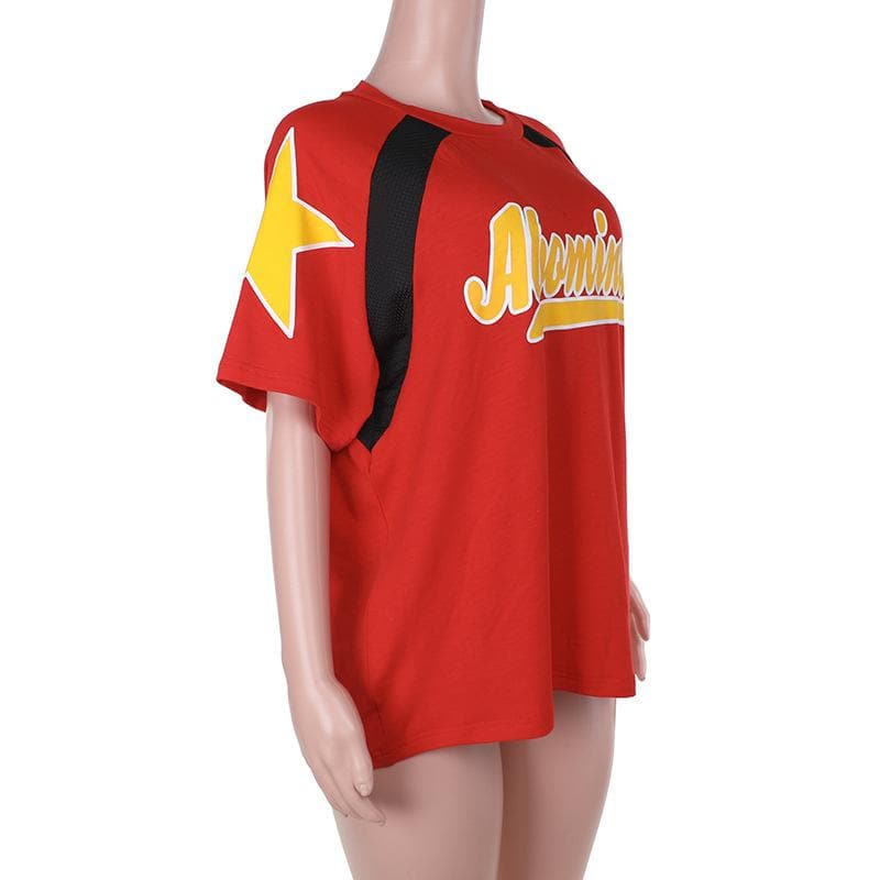 Retro Sporty Red Graphic Tee for Women | Oversized Fall Comfort with Yellow Stars