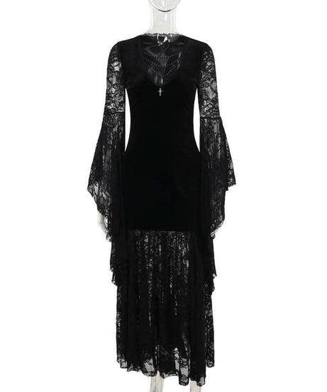 Bewitching Black Velvet & Lace Maxi Dress - Elegant Bell Sleeve Gown for Halloween & Fall Soirees