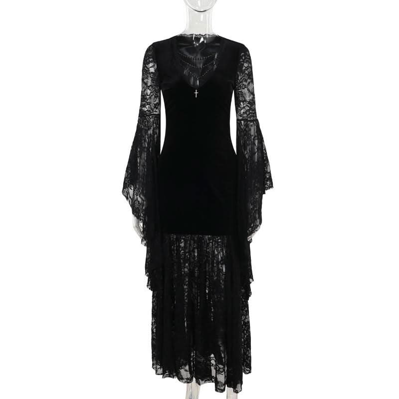Bewitching Black Velvet & Lace Maxi Dress - Elegant Bell Sleeve Gown for Halloween & Fall Soirees