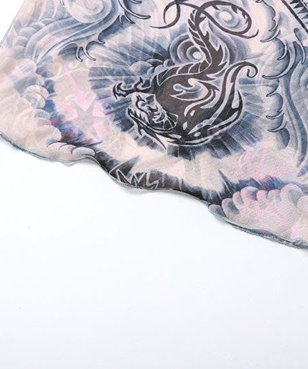 Edgy Tattoo Illusion Mesh Midi Dress with Gloves - Fall & Halloween Statement Piece