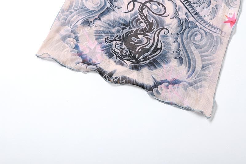 Edgy Tattoo Illusion Mesh Midi Dress with Gloves - Fall & Halloween Statement Piece