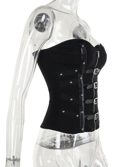 Rebel Chic Buckle & Zip Corset Top | Edgy Strapless Bustier for Fall & Halloween
