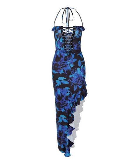 Midnight Bloom Lace-Up Halter Maxi Dress - Asymmetrical Ruffle Slit for Fall Events & Holiday Parties