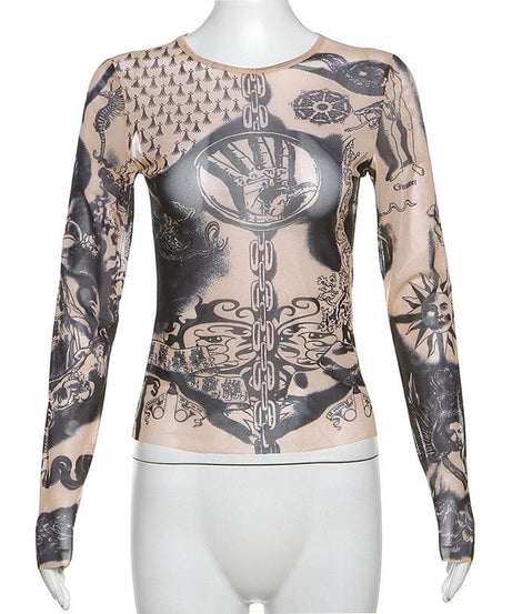 Dark Romance Graphic Sheer Mesh Long Sleeve Top | Tattoo-Inspired Fall '25 Edgy Chic