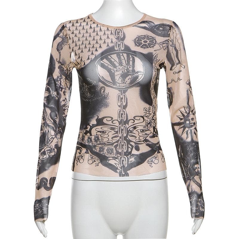 Dark Romance Graphic Sheer Mesh Long Sleeve Top | Tattoo-Inspired Fall '25 Edgy Chic