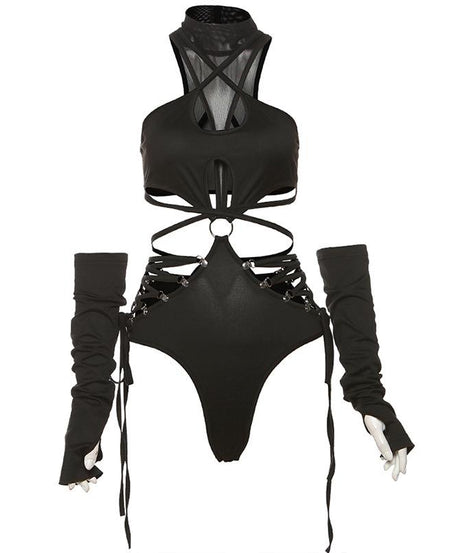 Dare to Thrill: Edgy Black O-Ring Cutout Bodysuit with Fingerless Gloves - Halloween & Club Ready