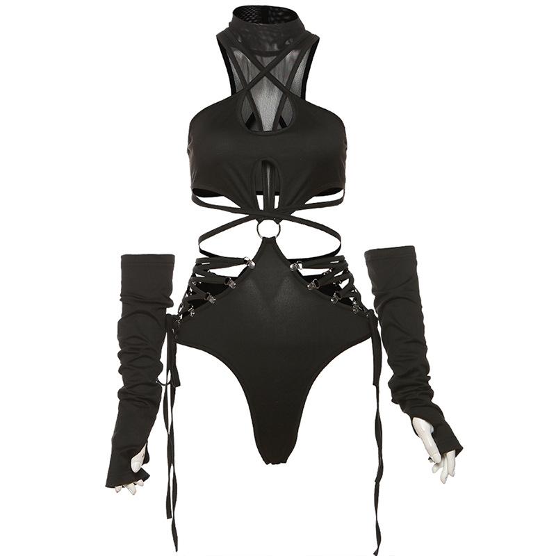 Dare to Thrill: Edgy Black O-Ring Cutout Bodysuit with Fingerless Gloves - Halloween & Club Ready