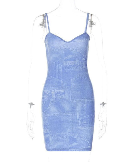 Y2K Faux Denim Print Mini Dress - Chic V-Neck Spaghetti Strap Bodycon for Fall Parties