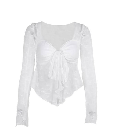 Autumn Whispers Sheer Floral Tie-Front Blouse - Romantic Y2K Long Sleeve Top for Women