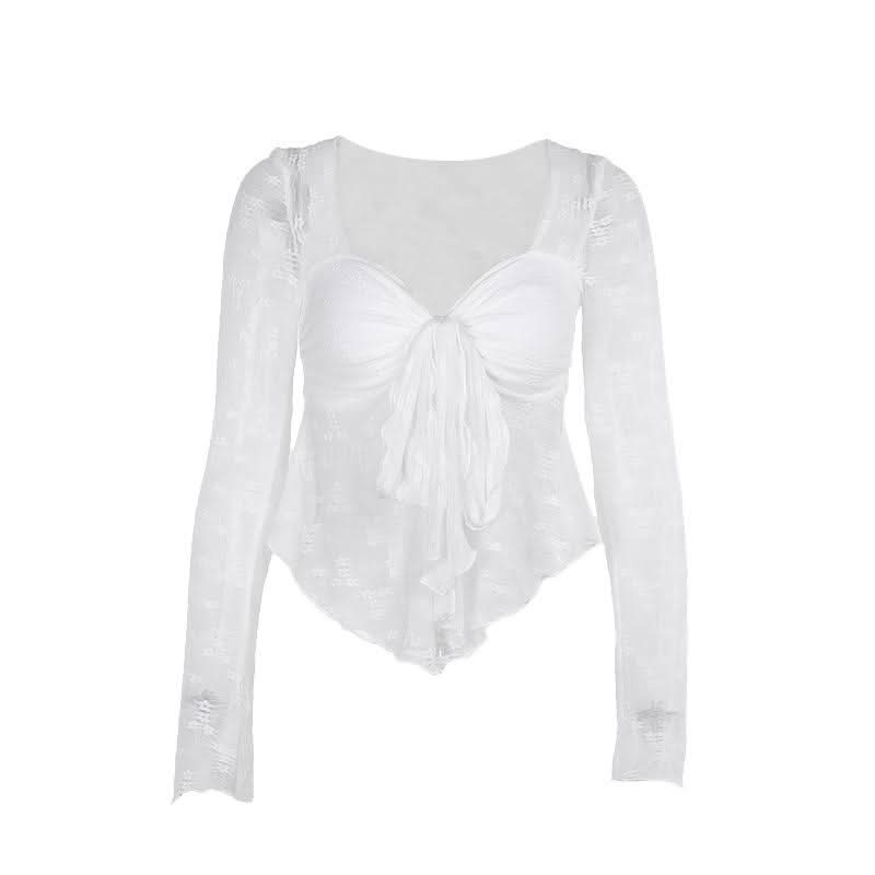 Autumn Whispers Sheer Floral Tie-Front Blouse - Romantic Y2K Long Sleeve Top for Women