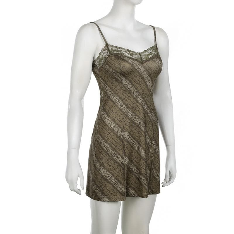 Chic Fall Vibe: Y2K Distressed Print Lace Cami Mini Dress with Side Slit