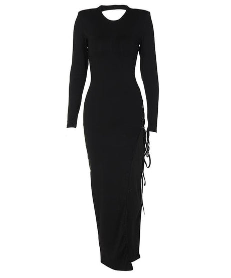 Chic Black Bodycon Maxi Dress | Adjustable Lace-Up Slit & Open Back | Long Sleeve Fall & Holiday Party Ready