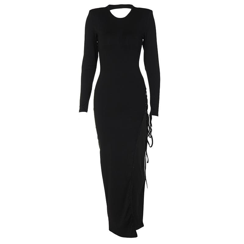 Chic Black Bodycon Maxi Dress | Adjustable Lace-Up Slit & Open Back | Long Sleeve Fall & Holiday Party Ready