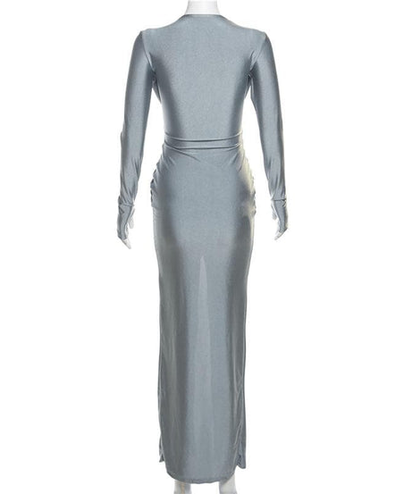 Autumn Allure: Chic Ruched Knotted Maxi Dress with Slit – Long Sleeve Fall Elegance