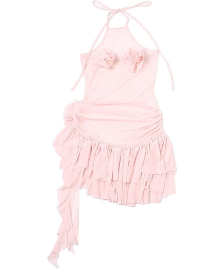Coquette Dream Pink Halter Mini Dress | Sheer Mesh & Ruffle Flowers for Fall Parties