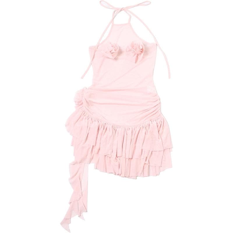 Coquette Dream Pink Halter Mini Dress | Sheer Mesh & Ruffle Flowers for Fall Parties