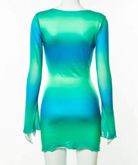 Electric Ombre Cutout Mini Dress - Long Sleeve Tie-Side Bodycon for Fall Nights