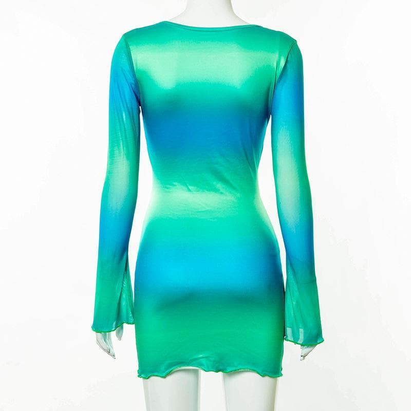 Electric Ombre Cutout Mini Dress - Long Sleeve Tie-Side Bodycon for Fall Nights