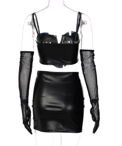 Slay the Night: Faux Leather Corset & Slit Mini Skirt Set with Sheer Mesh Gloves – Halloween & Fall Party Ready
