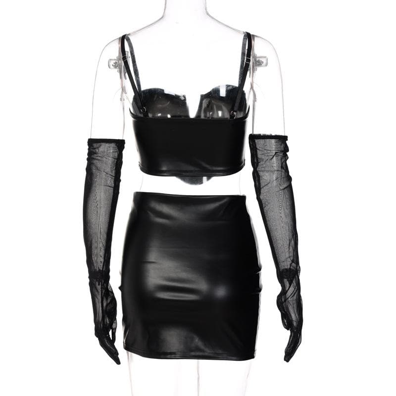 Slay the Night: Faux Leather Corset & Slit Mini Skirt Set with Sheer Mesh Gloves – Halloween & Fall Party Ready
